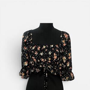 Y2K Floral Polka Dot Milkmaid Ruched Smocked Black Crop Top | Small